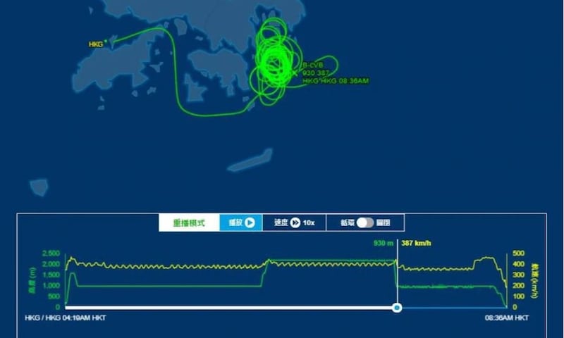 航班追踪网站FlightAware显示,定翼机B-LVB一直在西贡、东龙洲及果洲群岛之间的海面上空盘旋长达3小时。(FlightAware 网站截图)